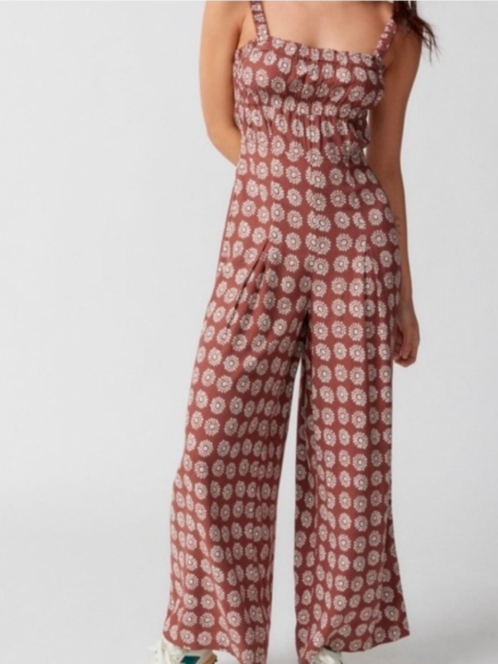 Ecote Urban Outfitters Floral Wide Leg Jumpsuit Size M Linen Blend Lace Back - Picture 2 of 13